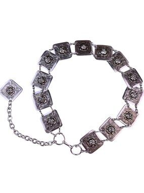 Silver-Tone Womens Adjustable Floral Metal Belt With Rose Design Chain Details